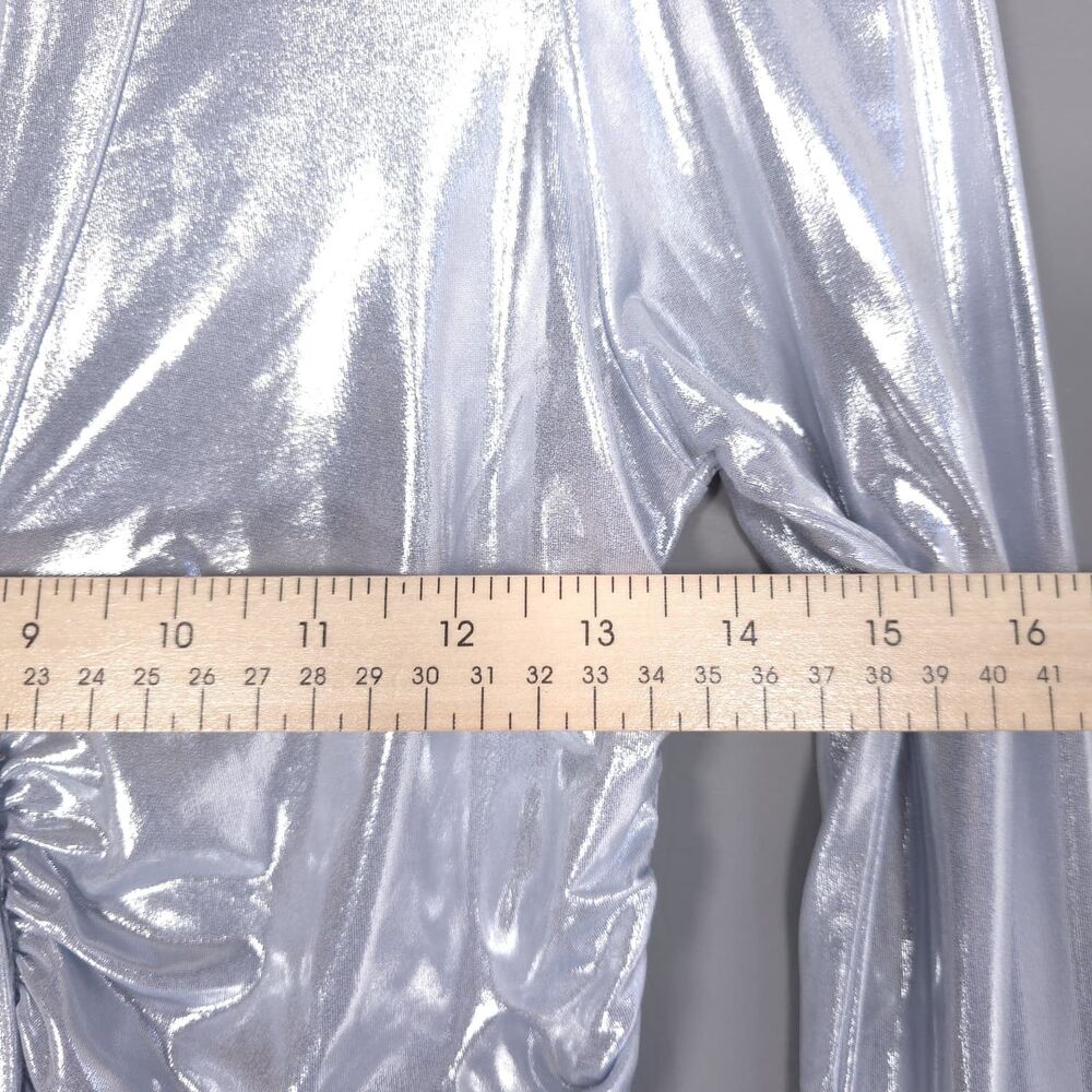 ANTHROPOLOGIE New Women's Top Blouse XS Metallic Silver Ruched Button Stretch - Picture 5 of 9